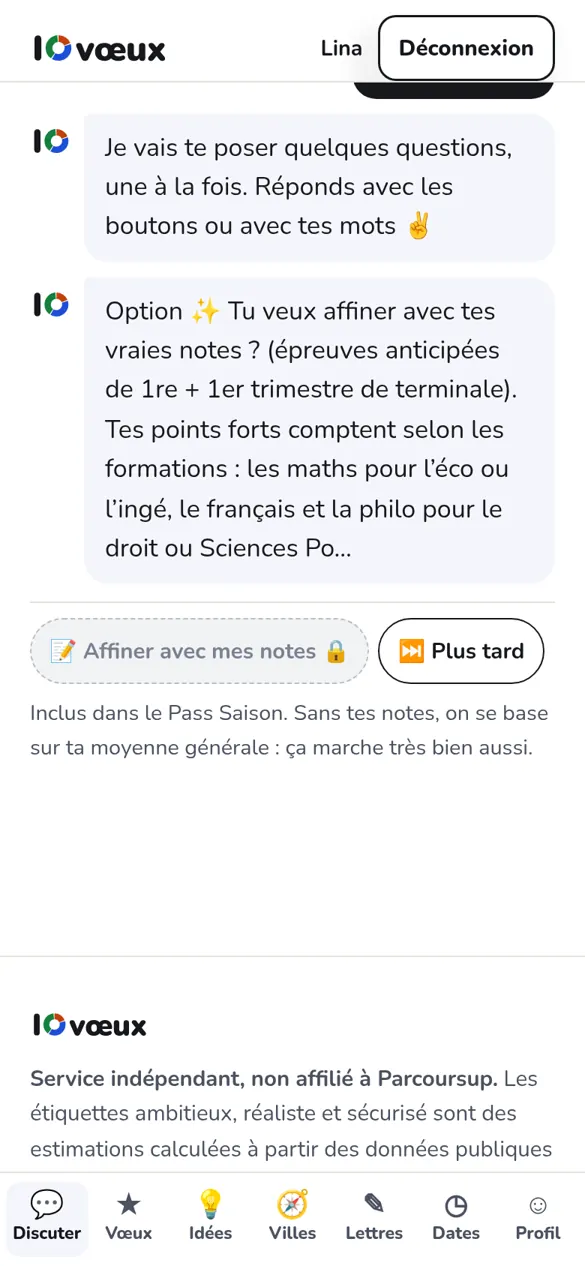 Aperçu du chat guidé : une question avec des boutons de réponse