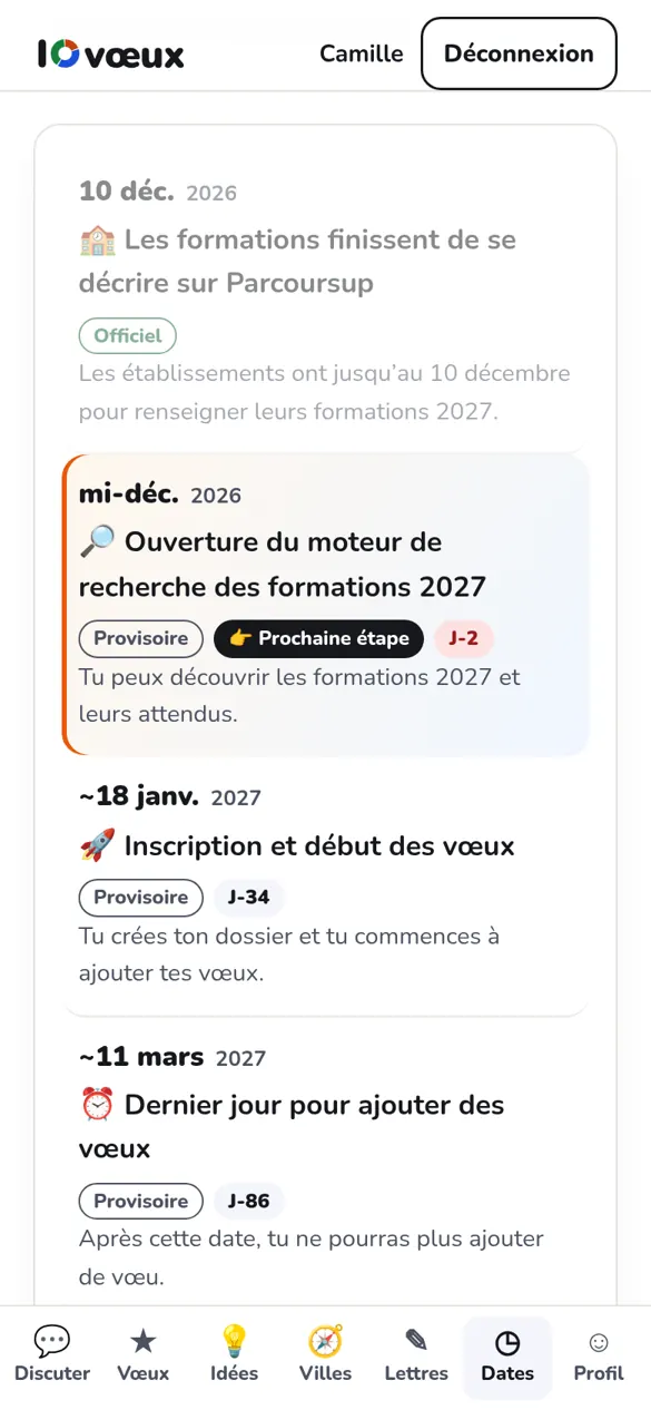 Aperçu du calendrier avec la prochaine étape mise en avant
