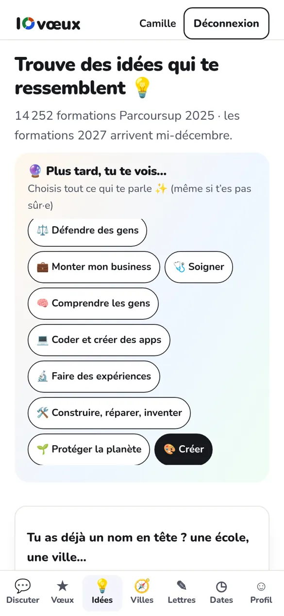 Aperçu de la page Idées avec les choix « Plus tard, tu te vois… »