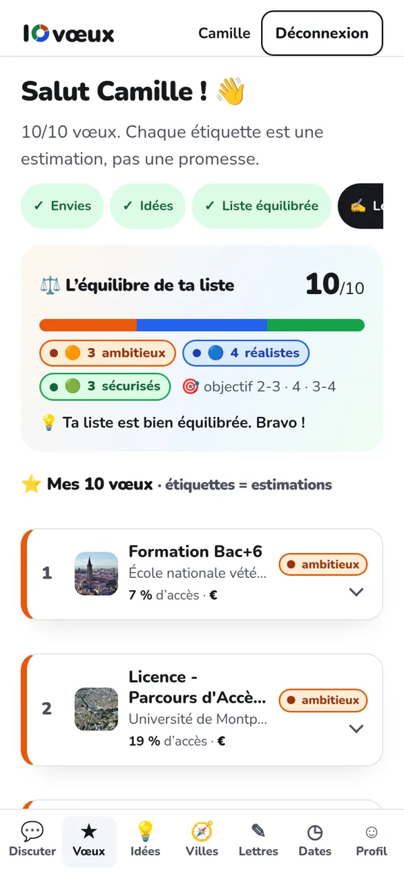 Aperçu de Mes vœux avec la barre d'équilibre de la liste